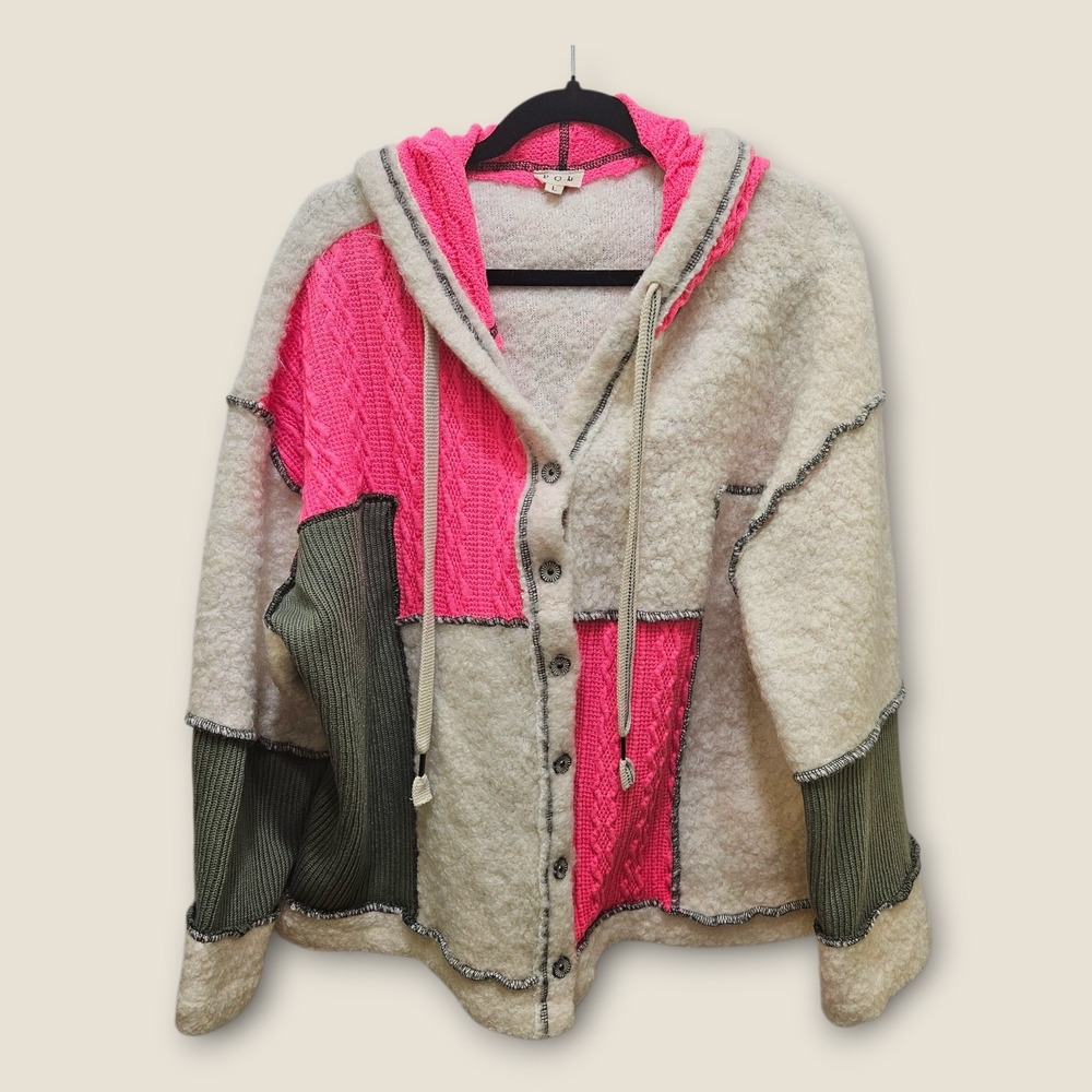 Boho Patchwork Hooded Button-Up Sweater Jacket - Pink/Olive